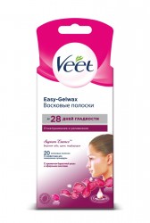 Восковые полоски для депиляции, Veet (Вит) №20 для чувствительных участков тела и для лица бархатистая роза и эфирные масла кожи технология Изи-Гельвокс